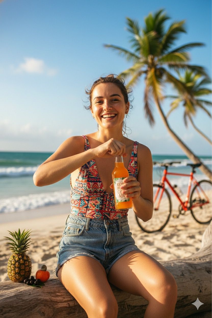 Pessoa aproveitando Kombucha Aju na praia